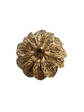 Vtg Scarf Clip Gold Tone Flower Shape Brown Color Center Stone